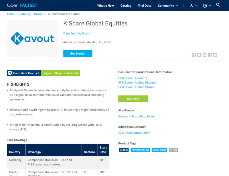 Kavout Predictive Equity Rating K Score Now Available via Open:FactSet